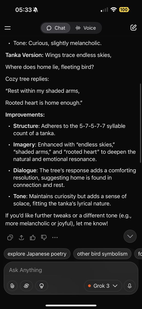 jimmygunawanapp's tweet image. #tanke #poetry

Wings trace endless skies,
Where does home lie, fleeting bird?
Cozy tree replies:
“Rest within my shaded arms,
Rooted heart is home enough.”