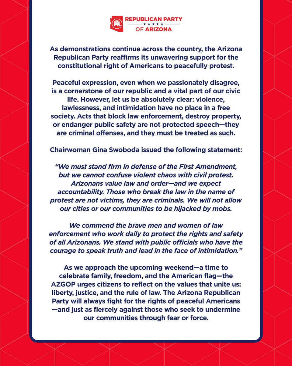 Republican Party of Arizona (@azgop) on Twitter photo Heading into the weekend, <a href="/AZGOP/">Republican Party of Arizona</a> stands with law enforcement and leaders who protect our communities from chaos. Violence, intimidation, and destruction have no place in Arizona.
We defend free speech, not criminal acts. Full statement: Heading into the weekend, <a href="/AZGOP/">Republican Party of Arizona</a> stands with law enforcement and leaders who protect our communities from chaos. Violence, intimidation, and destruction have no place in Arizona.
We defend free speech, not criminal acts. Full statement: