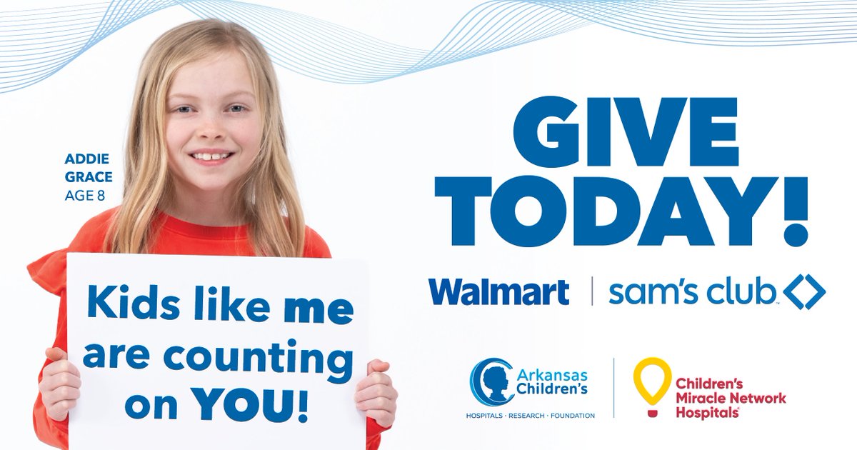 Now through July 6, you can support Arkansas Children’s at <a href="/Walmart/">Walmart</a> and <a href="/SamsClub/">Sam’s Club</a> during their annual <a href="/CMNHospitals/">Children's Miracle Network Hospitals</a> campaign! 🛒💙

Giving back is easy: round up your purchase in-store or online to the nearest dollar. Every donation helps kids like Addie Grace live healthier!