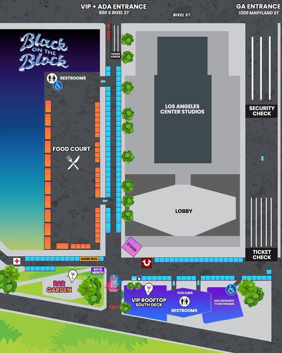 blackxtheblock's tweet image. Juneteenth Festival Site Map 🗺️🎉 Pull up to Los Angeles Center Studios THIS SUNDAY from 1-8pm for the city’s biggest celebration of Black culture, community and entrepreneurship. Featuring 150+ Black-owned businesses, 40 food vendors, giveaways, live performances & more!