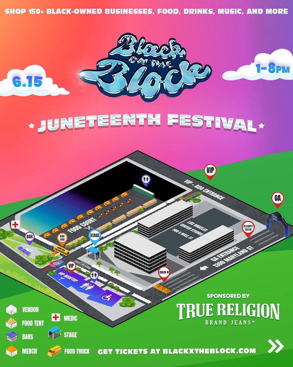 blackxtheblock's tweet image. Juneteenth Festival Site Map 🗺️🎉 Pull up to Los Angeles Center Studios THIS SUNDAY from 1-8pm for the city’s biggest celebration of Black culture, community and entrepreneurship. Featuring 150+ Black-owned businesses, 40 food vendors, giveaways, live performances & more!