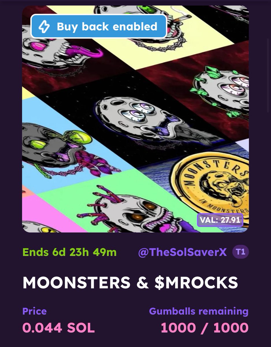 TheSolSaverX's tweet image. 🚨MASSIVE GUMBALL ALERT

🎁 PRIZES : 14 MOONSTERS &amp;amp; $MROCKS

💵PRICE : 0.044 $SOL

⏰TIME : 7 Days

👇How to enter,

rafffle.famousfoxes.com/gumball/EWKv5k…