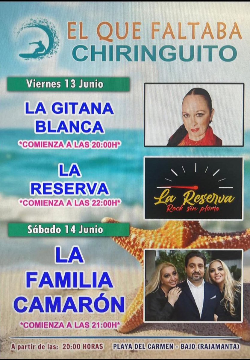Actuaciones del Chiringuito "El Que Faltaba" de este fin de semana

#Barbate #playas #livemusic  #verano2025 

<a href="/CadizTurismo/">Turismo de la provincia de Cádiz</a> <a href="/andalucianet/">Turismo Andaluz</a> <a href="/Cadizexperience/">Cádiz Experience</a> 
<a href="/VivaBarbate/">Viva Barbate</a> <a href="/viveandalucia/">Vive Andalucía</a> <a href="/RadioBarbate/">RadioBarbate</a> <a href="/LateCadiz/">Late Cádiz | latecadiz.com</a> <a href="/lacostadecadiz/">La Costa de Cádiz</a>