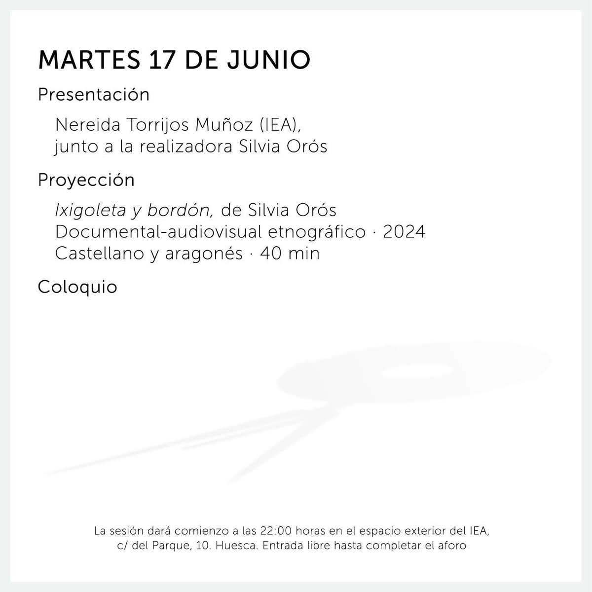 II Muestra de Cine Etnográfico Altoaragonés
¡Empezamos el martes 17!
A las 22:00 horas, con entrada libre hasta completar el aforo.
👉 'Ixigoleta y bordón', de Silvia Orós · Documental-audiovisual etnográfico · 2024
Castellano y aragonés · 40 min
👉 iea.es/-/ii-muestra-d…