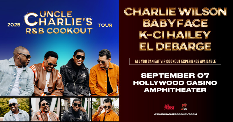 Hollywood Casino Amphitheater (@hollywoodampstl) on Twitter photo Celebrate Fatherโs Day with a 4-pack of tickets for Uncle Charlie's R&B Cookout on September 7! Get 4 lawn tickets for $140 through Tuesday 6/17 and join us for <a href="/CharlieWilson/">Charlie Wilson</a>, <a href="/babyface/">Babyface</a>, <a href="/KCiHailey/">K-Ci Hailey</a> & <a href="/ElDeBarge/">El DeBargeยฎ</a> ๐ถ Grab your tix now: bit.ly/3ZZmOEL Celebrate Fatherโs Day with a 4-pack of tickets for Uncle Charlie's R&B Cookout on September 7! Get 4 lawn tickets for $140 through Tuesday 6/17 and join us for <a href="/CharlieWilson/">Charlie Wilson</a>, <a href="/babyface/">Babyface</a>, <a href="/KCiHailey/">K-Ci Hailey</a> & <a href="/ElDeBarge/">El DeBargeยฎ</a> ๐ถ Grab your tix now: bit.ly/3ZZmOEL