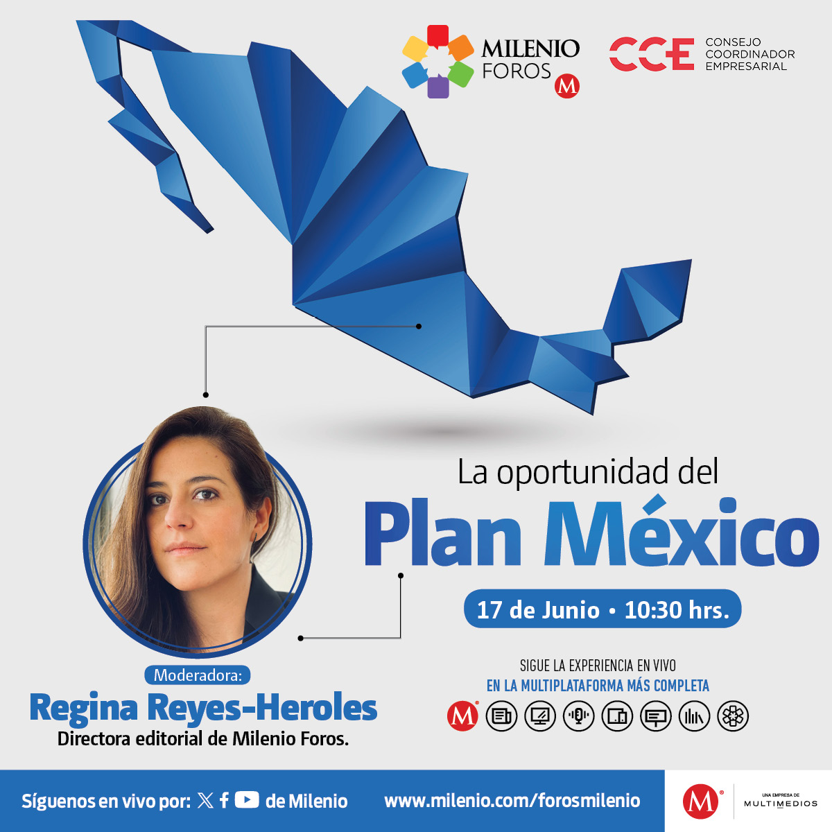 ¿Están listas las empresas para apoyar al sector público a llevar a nuestro país al siguiente nivel? 🇲🇽

Regina Reyes-Heroles, directora editorial de #MILENIOForos, modera “La oportunidad del #PlanMéxico” 💡📈

📅🕥 Síguelo este martes 17 de junio a las 10:30 h en la
