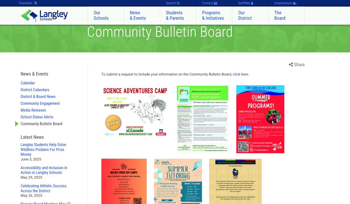 Check out the District's Community Bulletin Board on the District website to see any events, initiatives, and programs available in and around Langley: ow.ly/I4ic50W9lyh