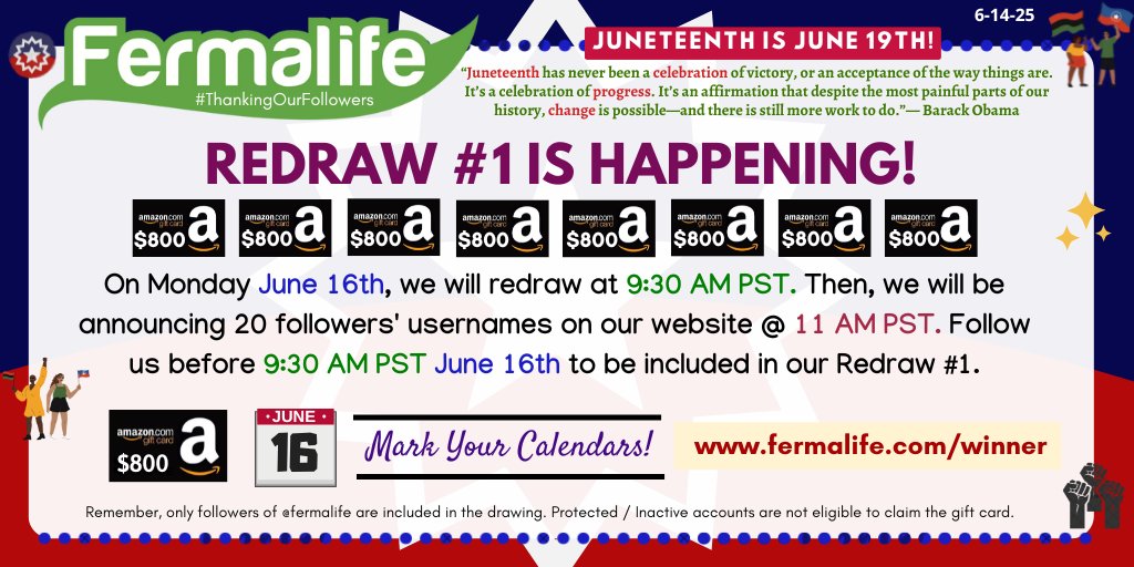 ✨A redraw for June's #ThankingOurFollowers drawing is happening! Redraw #1 will happen on 6-16-25 at 9:30AM PST. We will announce 20 followers' usernames via our website at 11AM PST. The first 8 of the 20 to DM us wins the #AmazonGiftCard! Details: fermalife.com/winner 💯