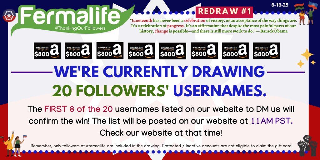 📢It's 9:30 AM PST-- We're currently drawing 20 followers usernames for Redraw#1. At 11 AM PST, check our website to see if you are 1 of the 20 listed. The first 8 of the 20 from the list posted to send us a DM will confirm the $800 #AmazonGiftCard! MORE: fermalife.com/winner
