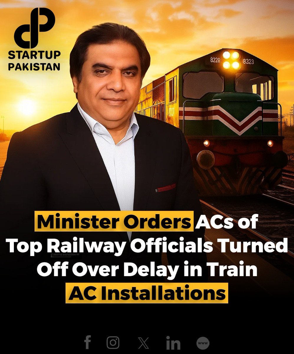 PakStartup's tweet photo. Railways Minister Hanif Abbasi has turned off all air conditioners at Pakistan Railways Headquarters, including the CEO’s office, in protest over delays in AC installations on passenger trains.
#PakistanRailways #HanifAbbasi #TrainReforms #ACIssue https://t.co/geQf8Xlu5p