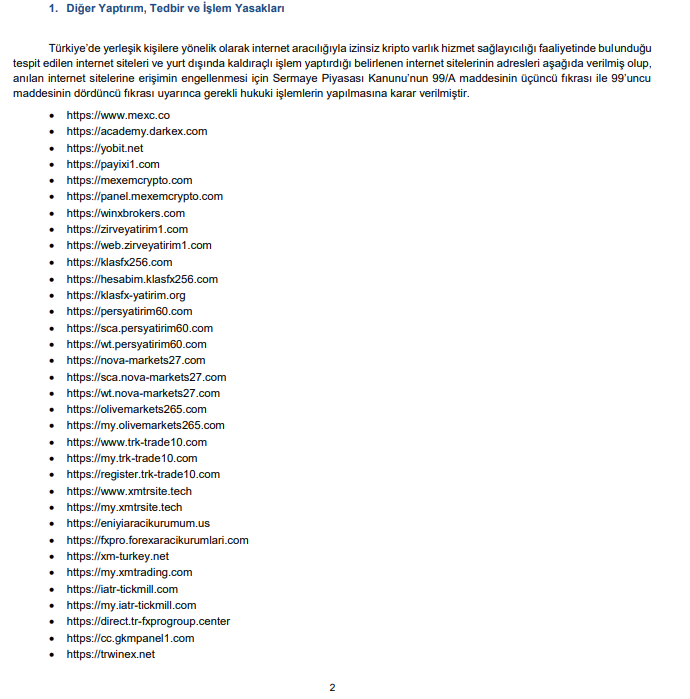 SPK bugün yayımladığı bültenle birlikte aşağıdaki listede yer alan Kripto Para Borsaları ve Forex sitelerine erişim engeli getirdi.