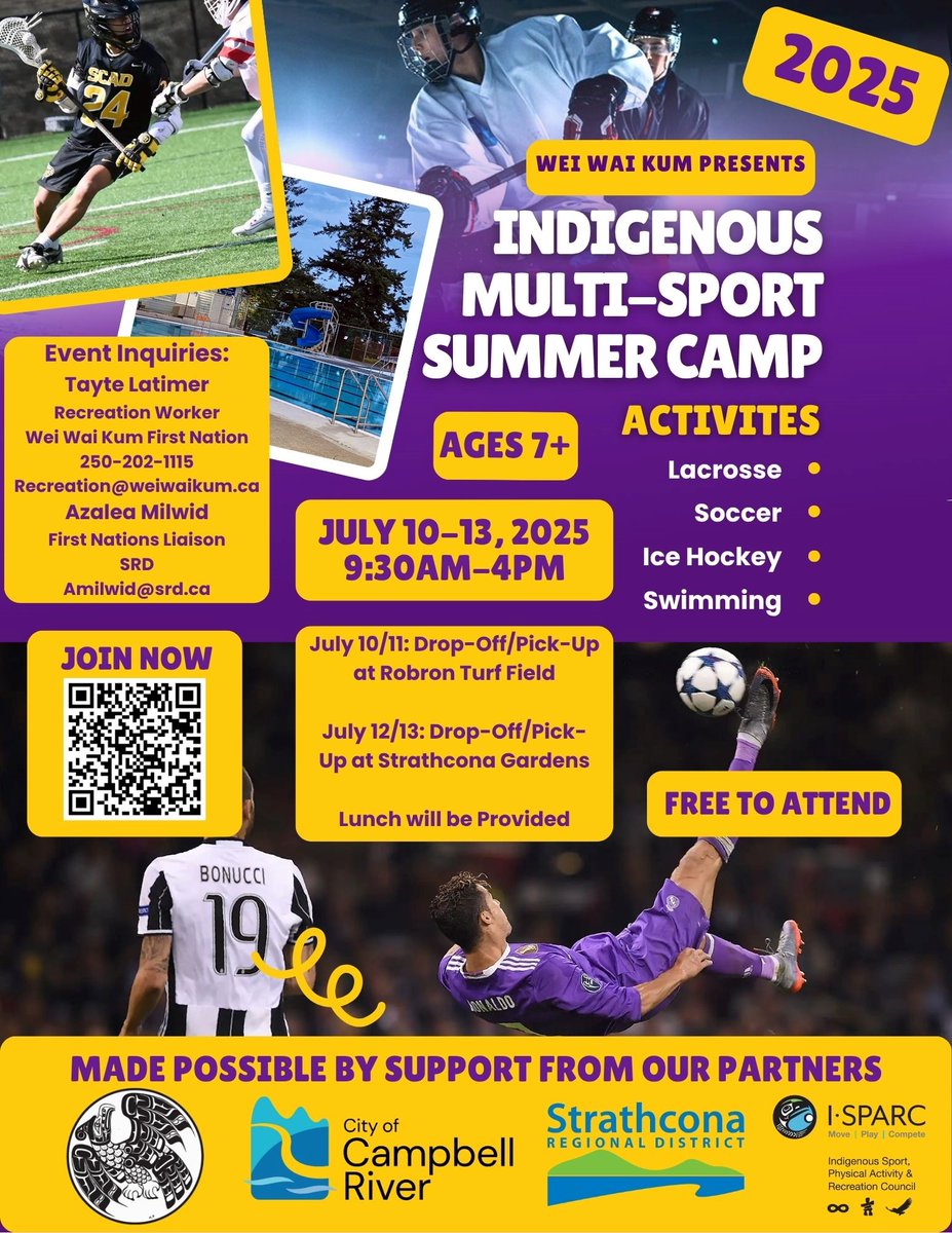 Indigenous youth are invited to take part in an exciting opportunity this summer as the Indigenous Multi-Sport Summer Camp returns to Campbell River from July 10–13 - offering 4days of fun, connection, and athletic activities. Ages 7+ 
🥍⚽️🏒🏊‍♀️
REGISTER: srd.ca/indigenous-ms-…