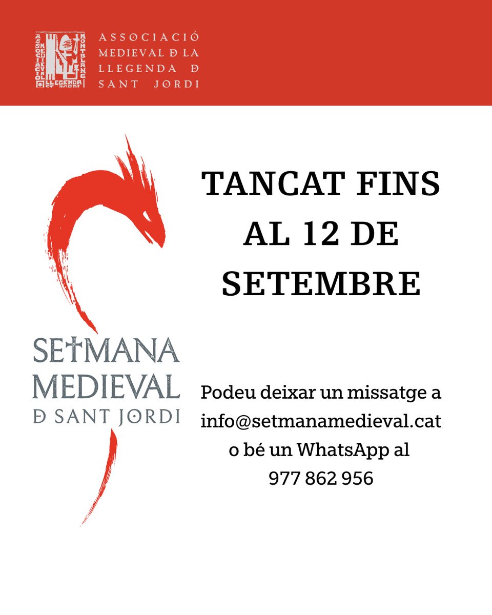 Setmana Medieval de Sant Jordi (@setmanamedieval) on Twitter photo 📢 Atenció! Us fem saber que l'atenció al públic de l'Associació Medieval romandrà tancada fins al 12 de setembre.
Durant aquest temps ens podeu contactar a través de:
info@setmanamedieval.cat
WhatsApp: 977 862 956
☀️ Gràcies per la comprensió i bon estiu! 📢 Atenció! Us fem saber que l'atenció al públic de l'Associació Medieval romandrà tancada fins al 12 de setembre.
Durant aquest temps ens podeu contactar a través de:
info@setmanamedieval.cat
WhatsApp: 977 862 956
☀️ Gràcies per la comprensió i bon estiu!