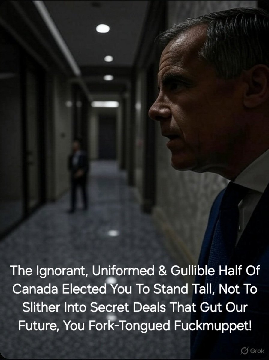 Melanie In Saskatchewan (@saskatchewan_in) on Twitter photo FFS <a href="/MarkJCarney/">Mark Carney</a> !
You’ve screwed #Canada over so hard it’s a wonder we’re not all walking bowlegged.
Your campaign was a putrid production of lies, strutting around with your “elbows up” hogwash while secretly licking Donald Trump’s boots.
Tell us Mark, do Trump's boots FFS <a href="/MarkJCarney/">Mark Carney</a> !
You’ve screwed #Canada over so hard it’s a wonder we’re not all walking bowlegged.
Your campaign was a putrid production of lies, strutting around with your “elbows up” hogwash while secretly licking Donald Trump’s boots.
Tell us Mark, do Trump's boots