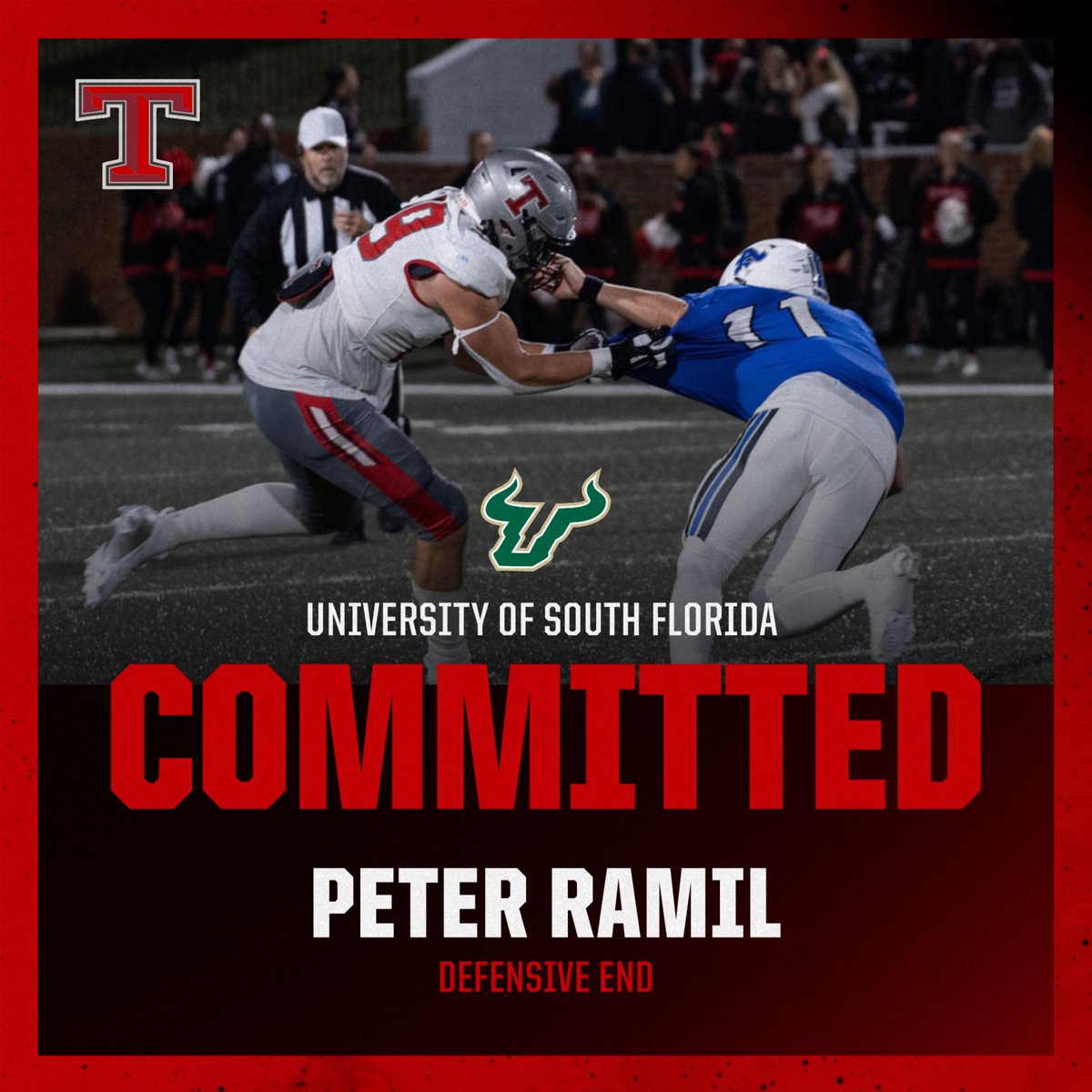 Congrats Peter Ramil, our 2026 DE, on your commitment to South Florida! 
#HornsUp 🤘
#OutWorkEmAll