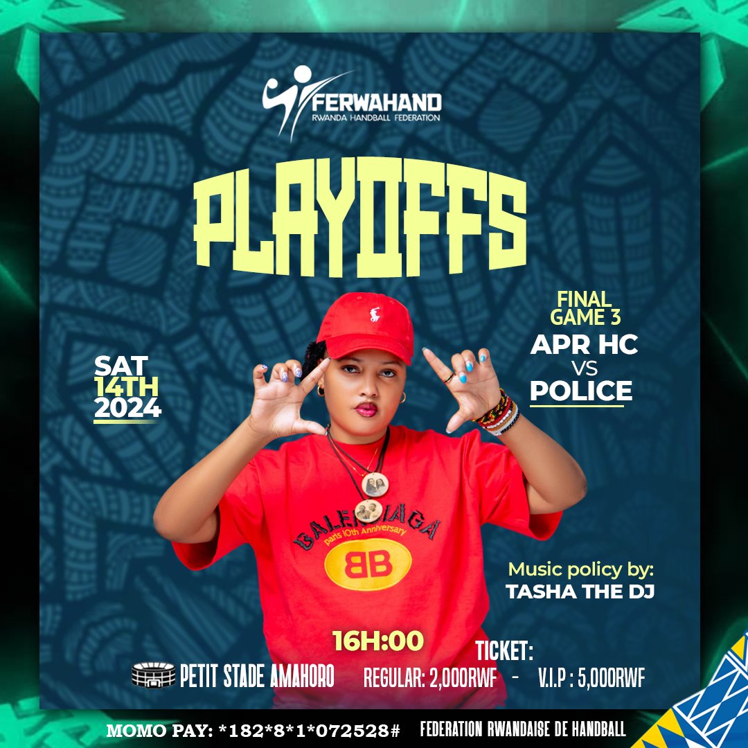 🎵💿 HandMusic, MusiHandball 🎶💿

Join us for an exciting combination of handball and music! 

We invite you to Petit Stade Amahoro this Saturday for Game 3 of the #RwandaHandballPlayoffs.

APR HC 🆚️ Police HC 

#RwandaHandball