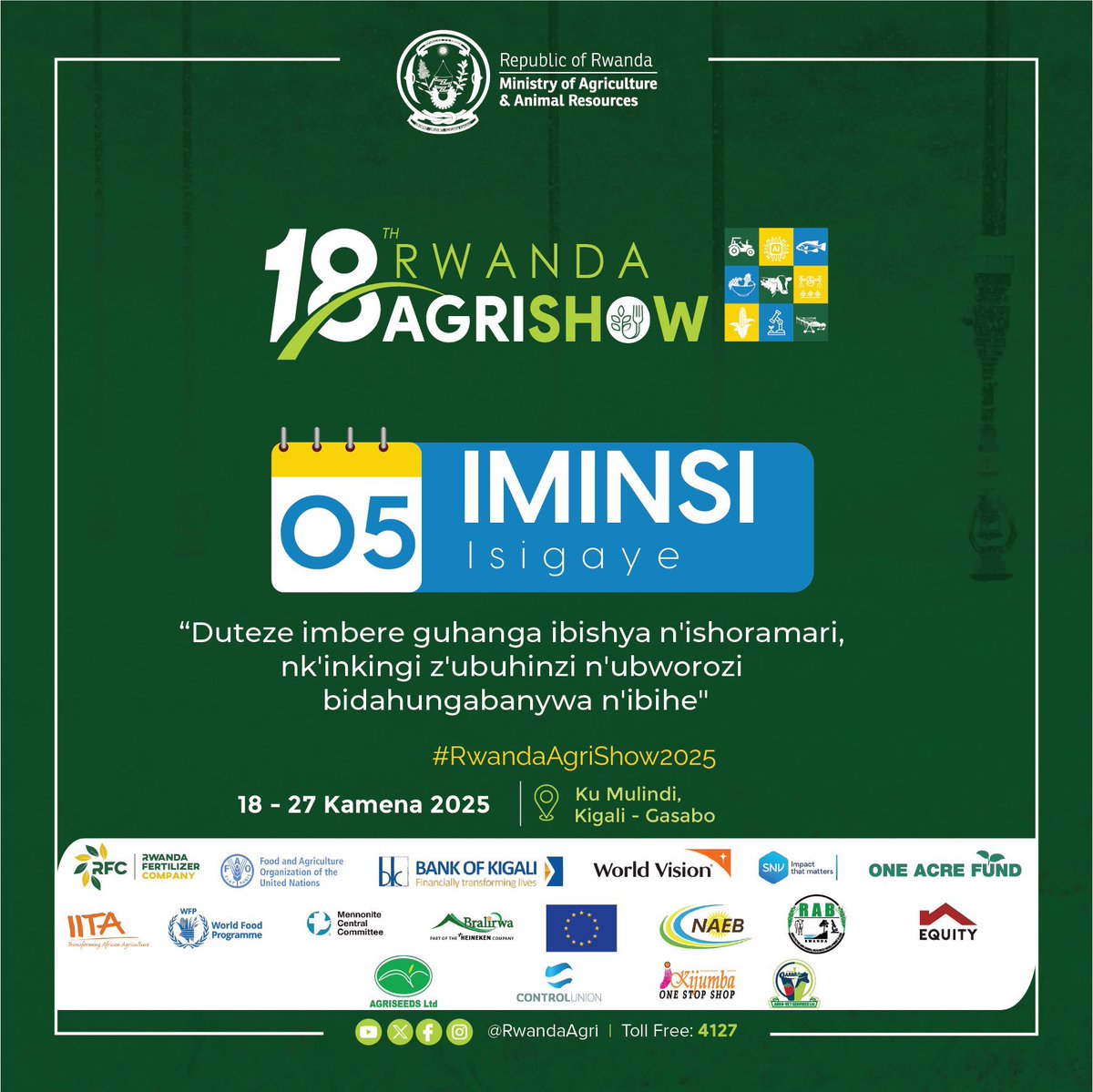 Tito Hare (@harerimana_tito) on Twitter photo Harabura iminsi 5 gusa!!!
Hagatangira Imurikagurisha mu Buhinzi n’ubworozi #RwandaAgriShow2025.
Hazagaragazwa udushya mu ikoranabuhanga mu buhinzi n’ubworozi.
Rizabera ku Mulindi, <a href="/Gasabo_District/">Gasabo District</a>
Ni umwanya mwiza wo guhaha no kugurira Impano inshuti n’abavandimwe. Harabura iminsi 5 gusa!!!
Hagatangira Imurikagurisha mu Buhinzi n’ubworozi #RwandaAgriShow2025.
Hazagaragazwa udushya mu ikoranabuhanga mu buhinzi n’ubworozi.
Rizabera ku Mulindi, <a href="/Gasabo_District/">Gasabo District</a>
Ni umwanya mwiza wo guhaha no kugurira Impano inshuti n’abavandimwe.