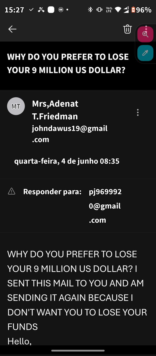 Você não quer responder no whatsapp mas sei que acompanha minhas redes sociais.
Minha mãe precisa de fisioterapia urgente, você tem 24H para liberar o fundo que me pertence na minha conta.
Você tem todos meus dados bancários, estou aguardando o comprovante da transferência.