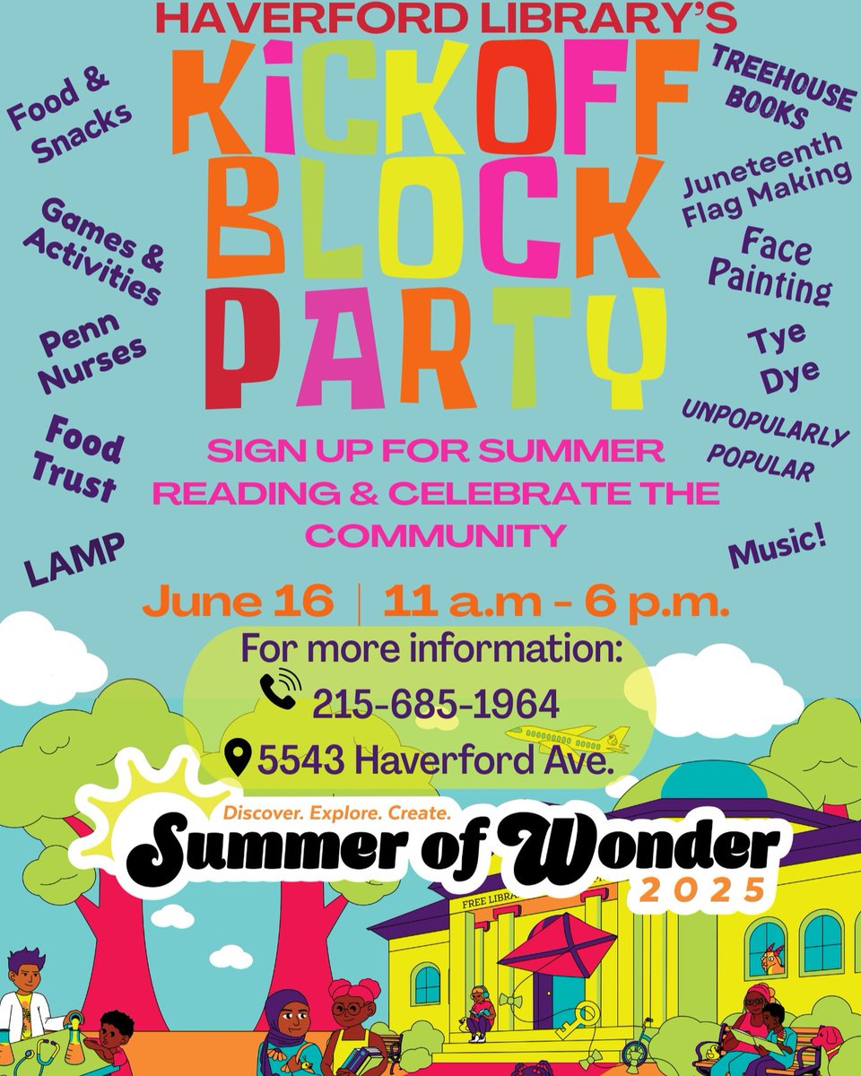 Celebrate summer with us at the Haverford Library Block Party on June 16! 🎉

📍5543 Haverford Ave | 🕙11AM-6PM
🎨Games, food, music &amp; more!
💼 Visit our table to learn more about civil service careers with the City!

#WorkforPhilly