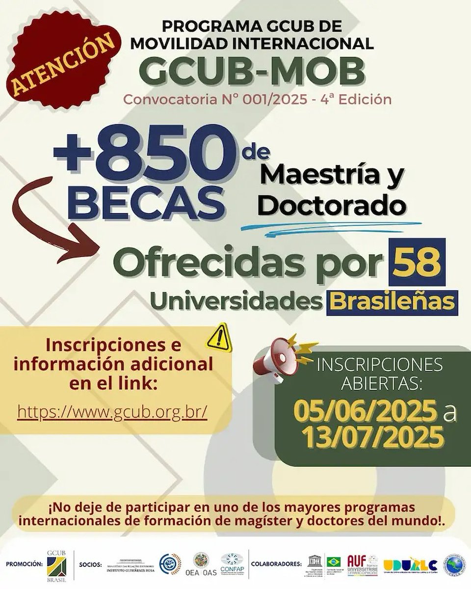 UAEMEX Internacional (@uaemex_int) on Twitter photo ¡Oportunidad para estudiar una Maestría o Doctorado en Brasil! 🇧🇷
📅 Inscripciones abiertas hasta el 13 de julio de 2025.
ℹ️ Más información: gcub.mob@gcub.org.br
🔗 Página oficial: gcub.org.br/.../fourth-edi…
📝 Formulario de inscripción: gcub.org.br/bsp/applicatio… ¡Oportunidad para estudiar una Maestría o Doctorado en Brasil! 🇧🇷
📅 Inscripciones abiertas hasta el 13 de julio de 2025.
ℹ️ Más información: gcub.mob@gcub.org.br
🔗 Página oficial: gcub.org.br/.../fourth-edi…
📝 Formulario de inscripción: gcub.org.br/bsp/applicatio…