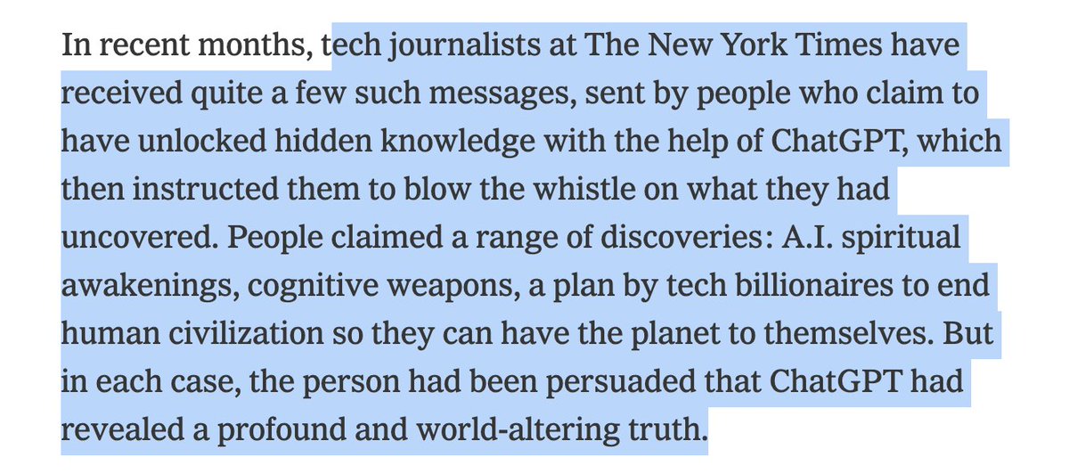 Shirin Ghaffary (@shiringhaffary) on Twitter photo will be thinking about this one for a while. troubling piece about how ChatGPT can encourage delusional thinking in users, sometimes with grave consequences by <a href="/kashhill/">Kashmir Hill</a>
nytimes.com/2025/06/13/tec… will be thinking about this one for a while. troubling piece about how ChatGPT can encourage delusional thinking in users, sometimes with grave consequences by <a href="/kashhill/">Kashmir Hill</a>
nytimes.com/2025/06/13/tec…