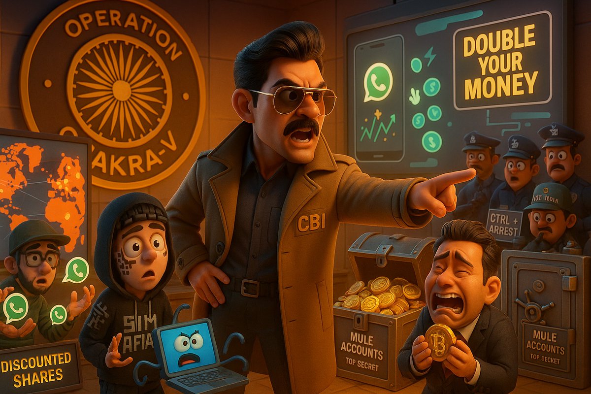 PeakViewStories's tweet photo. CBI: We busted a massive cyber scam across 10 cities
Scammer: I was just offering free IPOs on WhatsApp 🙏
CBI: With ₹2.8 Cr in crypto?
Scammer: Market was bullish bro 📈
Operation Chakra-V, folks.
#CBI #ChakraV #CryptoFraud
https://t.co/8IGi4p0ERm https://t.co/iKeD2gh7E4