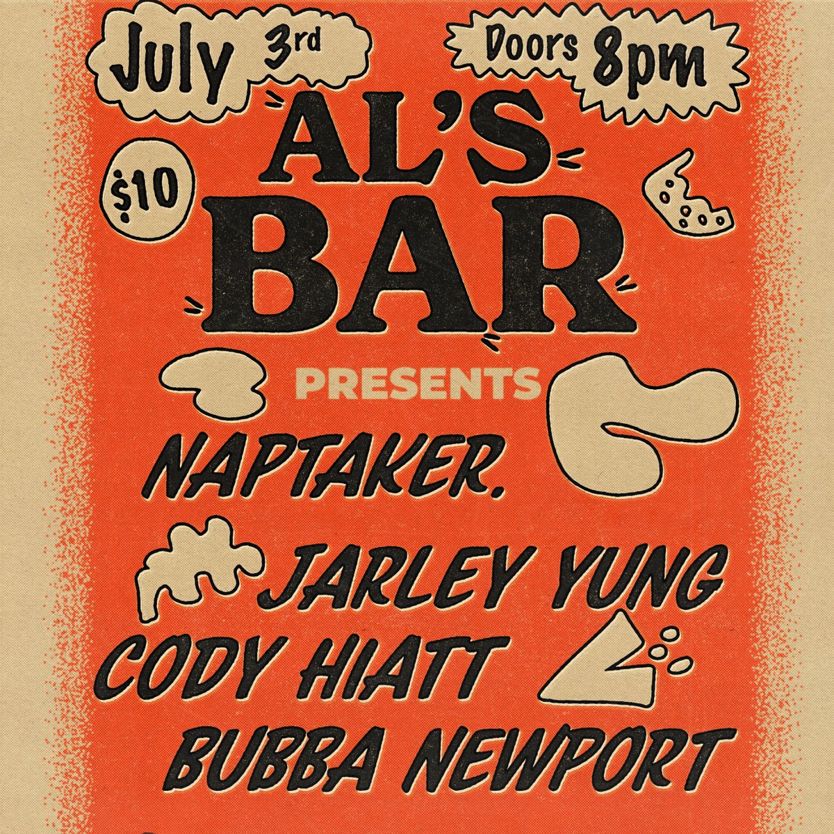 We're really excited to take the stage again for y'all, and we have a killer bill to boot. Al's Bar, Thursday July 3rd, Doors at 8:00. See y'all there 🙏