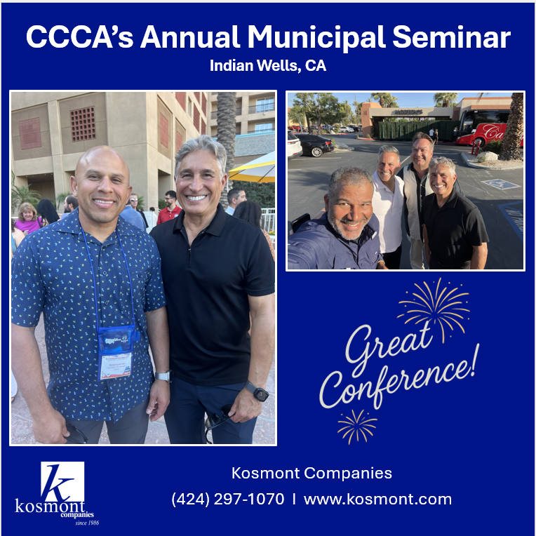 The #Kosmont Team was pleased to attend the @ContractCities (#CCCA) Annual Municipal Seminar in #IndianWells, CA. CCCA, led by Marcel Rodarte, did a great job putting on a fabulous event. Congrats to Brenda Olmos, new CCCA president from the City of Paramount and outgoing