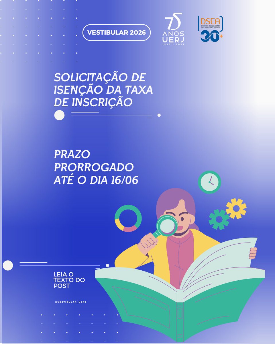 O DSEA informa as seguintes prorrogações referentes ao 2º Exame de Qualificação:

⚠️Último dia de solicitação de isenção do pagamento da taxa de inscrição e de envio da documentação exigida VIA SISTEMA: 16 de junho.

#Uerj #vestibularuerj #vagas #vemprauniversidade #cotas