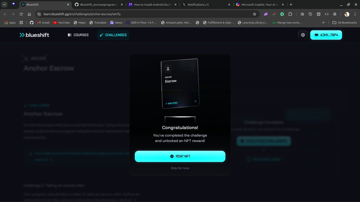 Just completed the Escrow Anchor Challenge and unlocked the NFT!

Learned how Solana smart contracts using Anchor. Super clean flow 

Builders, try it here → learn.blueshift.gg/en/challenges/…

and get your on-chain proof of skill 💪

<a href="/blueshift_gg/">blueshift</a> <a href="/solanaturbine/">TURBIN3</a> <a href="/japarjam/">Jeff</a> 

#Solana