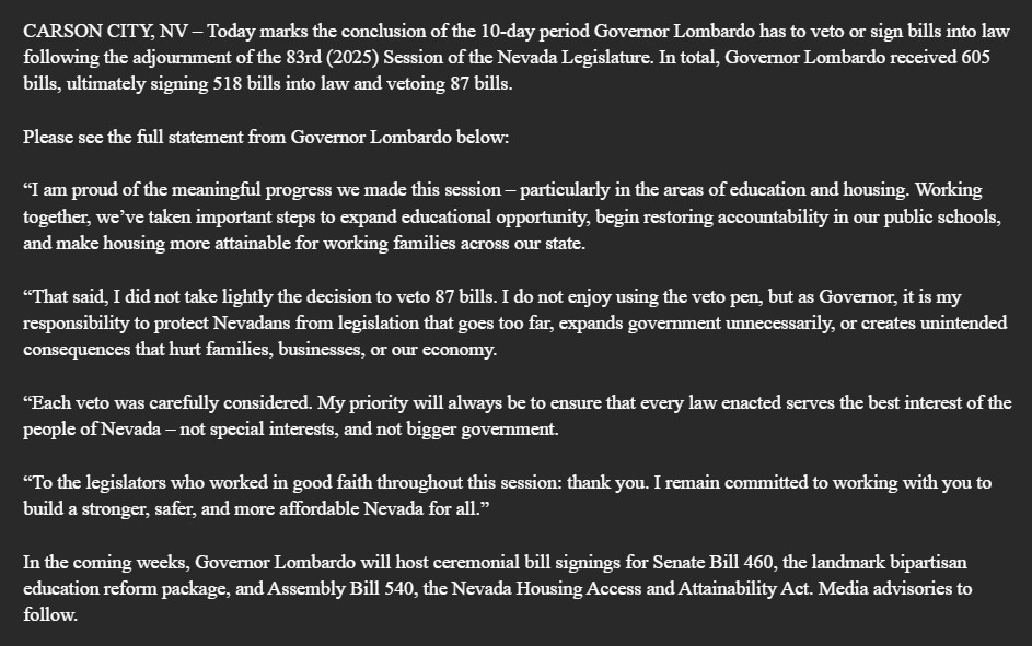 Gov. Lombardo signed 518 new bills into law and vetoed 87, breaking his own record of the most bills vetoed in a single session. Here's his statement: