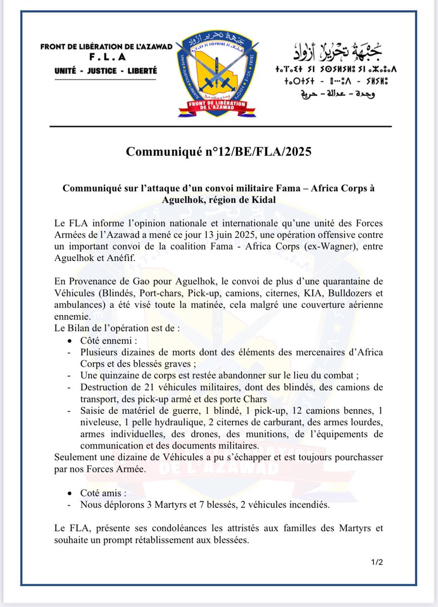 FLAZAWAD's tweet image. #FLA BILAN ATTAQUE FLA CONTRE LA COALITION TERRORISTE FAMA-AFRICA CORPS