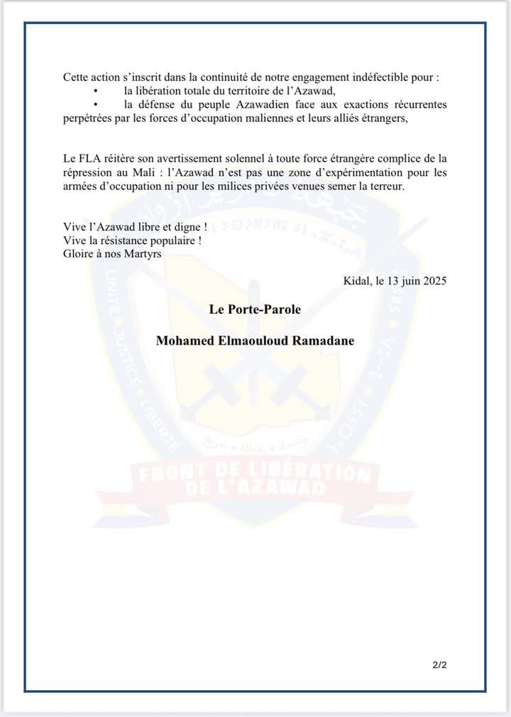 MohmedRAMADANE's tweet image. Le FLA informe l’opinion nationale et internationale qu’une unité des Forces
Armées de l’Azawad a mené ce jour 13 juin 2025, une opération offensive contre
un important convoi de la coalition Fama - Africa Corps (ex-Wagner), entre
Aguelhok et Anéfif.