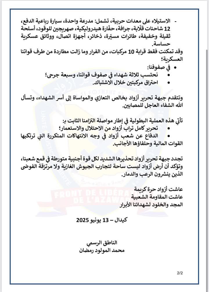 MohmedRAMADANE's tweet image. Le FLA informe l’opinion nationale et internationale qu’une unité des Forces
Armées de l’Azawad a mené ce jour 13 juin 2025, une opération offensive contre
un important convoi de la coalition Fama - Africa Corps (ex-Wagner), entre
Aguelhok et Anéfif.