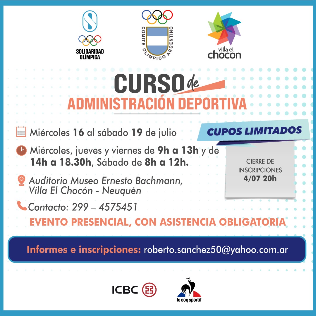 Abrió la inscripción para el Curso de Administración Deportiva que se realizará en Neuquén.

🗓️Del 16 al 19 de julio 

📍Villa El Chocón

🔗Más info: tinyurl.com/yc2j8xzd