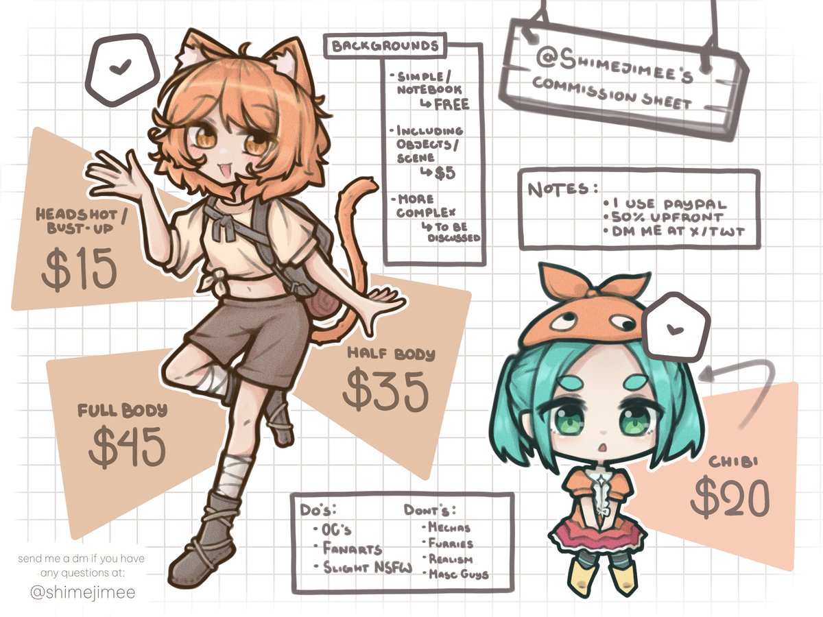 shimejimee's tweet image. COMMISSION SHEET !!!
this time, i really want to save up for more drawing equipment and stuff. hopefully i can inch bit by bit until can afford a pc set up!
i added more needed info plus some changes.
retweets will give me dopamine. :>
#commissionsopen