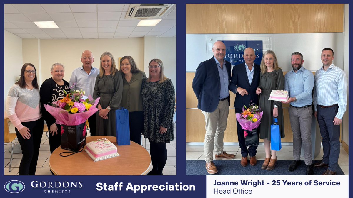 We’re celebrating 25 years of service from Joanne Wright — from her initial Pre-Reg placement in Ballynahinch to developing into roles as Pharmacy Manager, OTC Buyer, Professional Services Manager &amp; Pharmacy Projects lead. Thank you for your dedication and expertise!