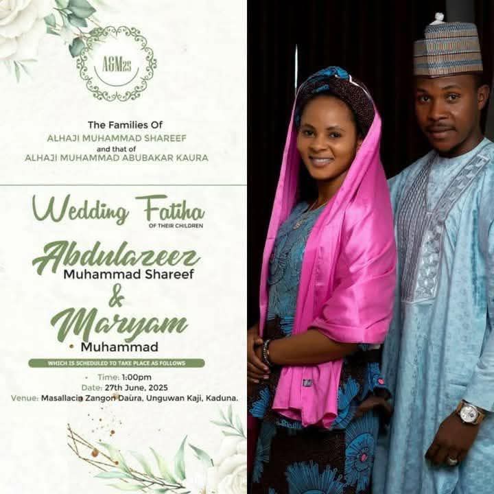 Labaran Kannywood (@hausafilmsnews) on Twitter photo Jarumi <a href="/Abdul_m_shareef/">Abdulmshareef</a> zai angon ce da jaruma #MaryamMalika
Time: 1:00pm
Date: 27th June, 2025
Venue: Masallacin Zangon Daura, Unguwan Kaji, Kaduna.
Allah ya nuna mana ranar! Jarumi <a href="/Abdul_m_shareef/">Abdulmshareef</a> zai angon ce da jaruma #MaryamMalika
Time: 1:00pm
Date: 27th June, 2025
Venue: Masallacin Zangon Daura, Unguwan Kaji, Kaduna.
Allah ya nuna mana ranar!