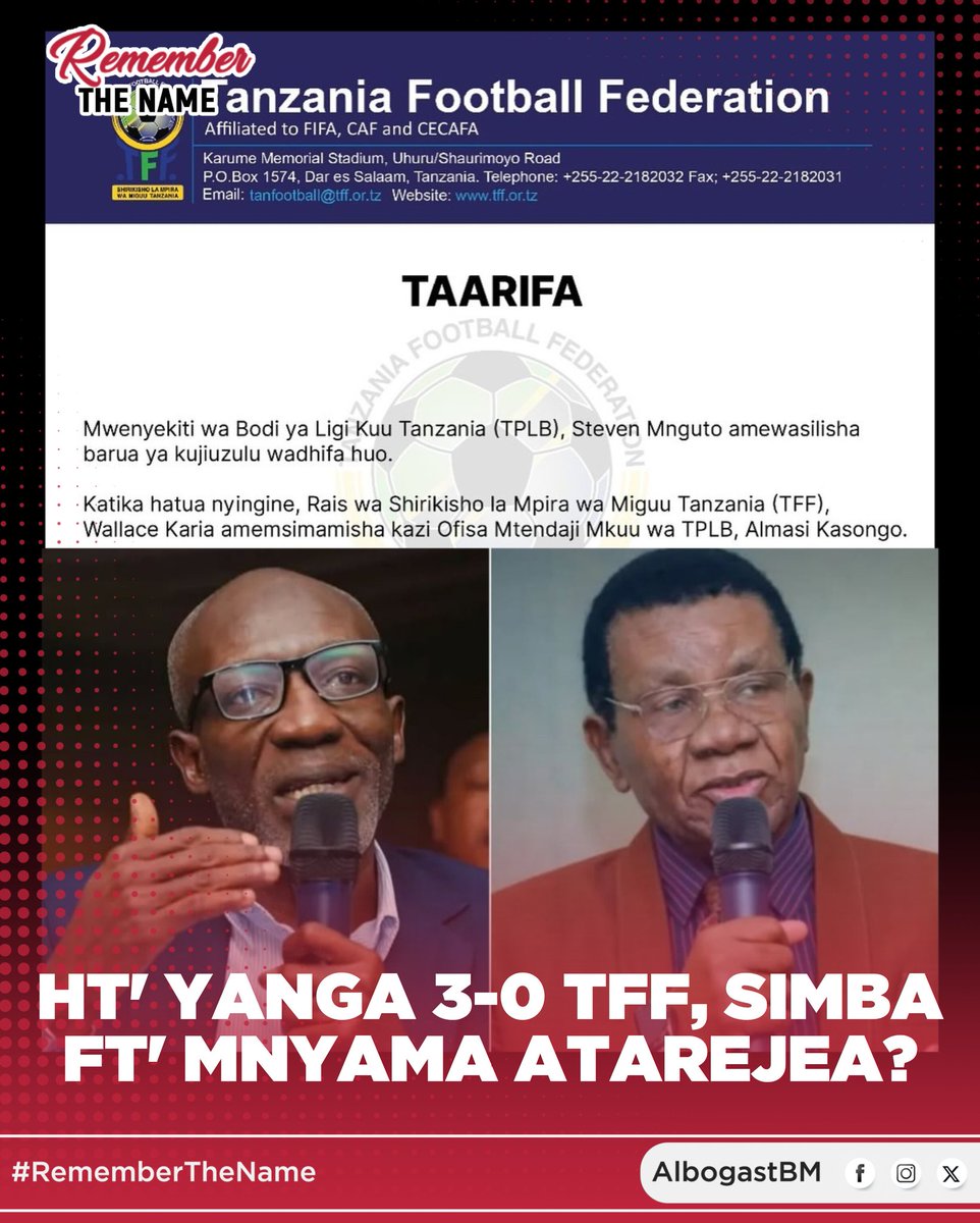 albogastbm's tweet image. Kwa maamuzi haya mpaka Half Time Wananchi Yanga wanaongoza 3-0 dhidi ya TFF, TPLB na Simba Sc.
Je, Full Time mnyama atarejea au Wananchi wataendela kuongoza na kuongeza?
#RememberTheName
