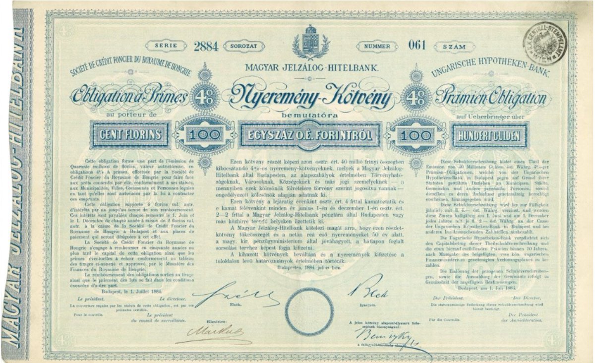 From the Origins of Value Virtual Museum: 4% bond of Hungarian Mortgage Bank 1884. This bond is one part of 40,000,000 florins in total. The interest is payable on Jun 1 and Dec 1 every year, in Budapest. bit.ly/45hqhCi   #ICF_FinancialHistoryFriday