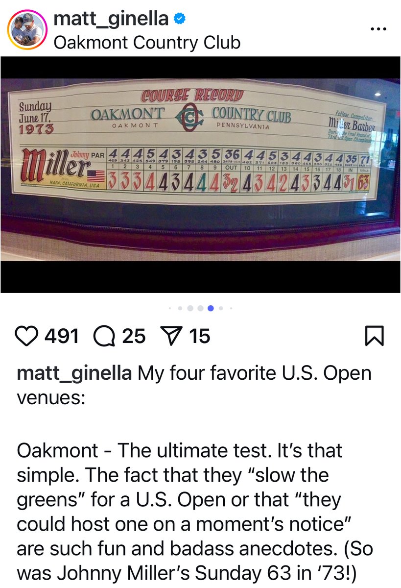 caseyjonesgolf's tweet photo. Oakmont has two of my pieces displayed in its historic clubhouse: Johnny Miller's course record in 1973 (seen here in a recent post by @matt_ginella), and long-time head pro Bob Ford's impressive week as the host in 1983. https://t.co/8usA0nhZd1