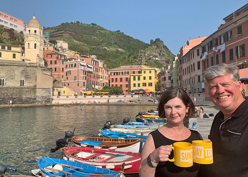 DonTaylorIII's tweet photo. Taking #SundayTODAY to Italy! Don &amp; Beth Taylor from Columbus, Ohio celebrating their 25th Anniversary in the Cinque Terre city of Vernazza!
@WillieGeist #SundayTODAYmugshot https://t.co/SRAhjsLxfs