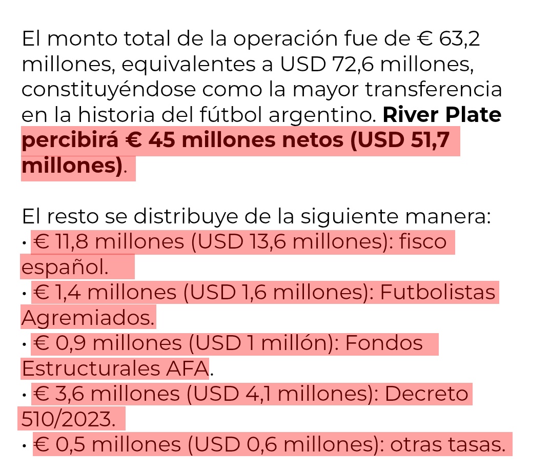 Mastantuono le va a costar 63,2 millones al Madrid. Las cifras las da River. De no ser así, la prensa mamadora diría que hasta ha tenido que poner dinero el jugador para cobrar en gloria. Dinero infinito para el club estado.