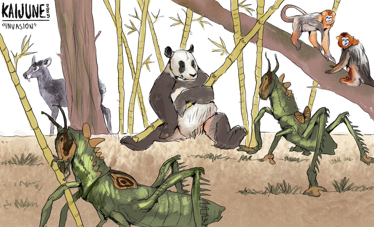 wa_workshop's tweet image. KAIJUNE- Day 4: Invasion
As the global temperature soars at the end of the last Ice Age, macroarthropods like these giant abbadon locusts (Simiacrida avaddon) are emboldened to travel north in search of new feeding grounds.