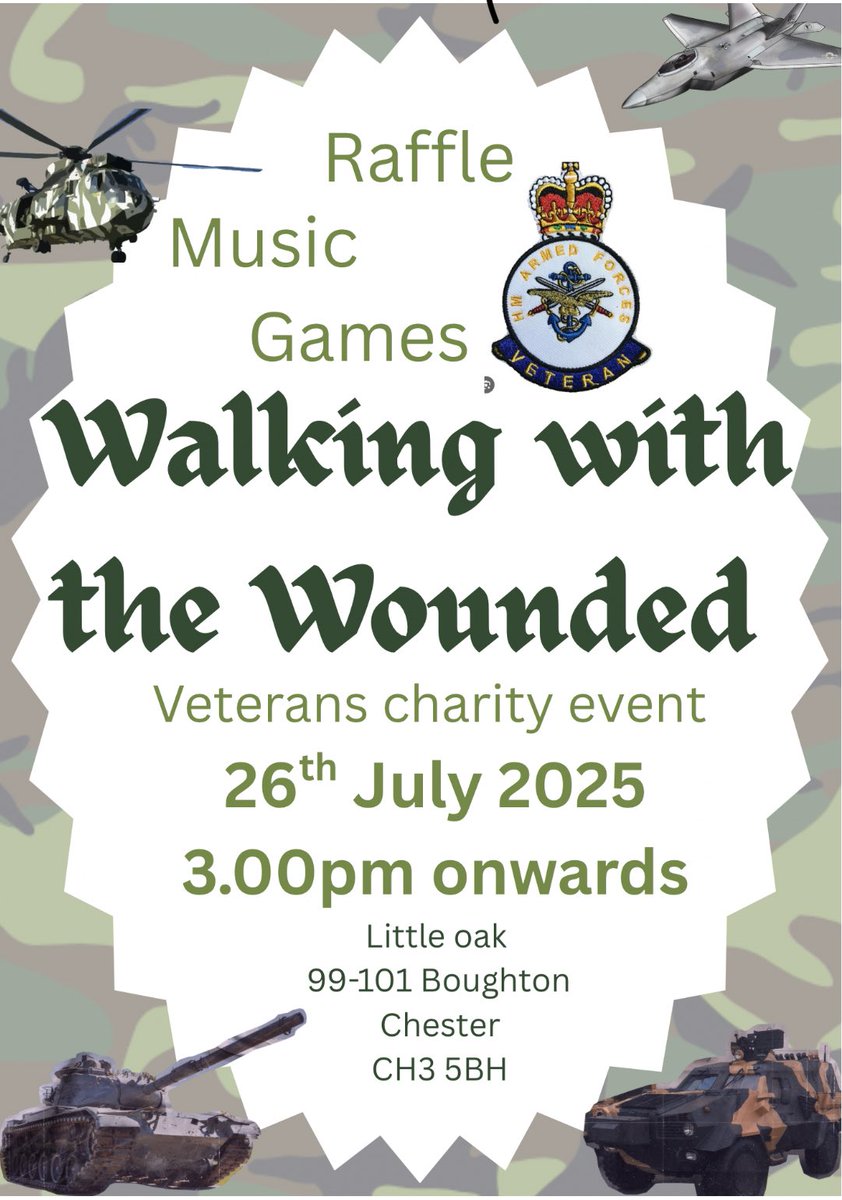 A veterans’ event to support the outstanding ‘Walking with the Wounded’ military charity will be held on the 26 July 2025. Location is the top draw Little Oak pub in Chester. Everyone is welcome to this opportunity to enjoy good company,  share memories and make new friends.