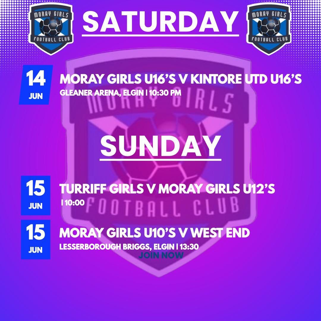 ⚽️ Games Programme ⚽️

U16s are at home in the semi-final of the League Cup 🏆 to Kintore on Saturday.  U12s away on Sunday to Turriff &amp; U10s at home to West End girls.

Good luck to all the girls, coaches &amp; if you get the chance get along &amp; support them 💜💙