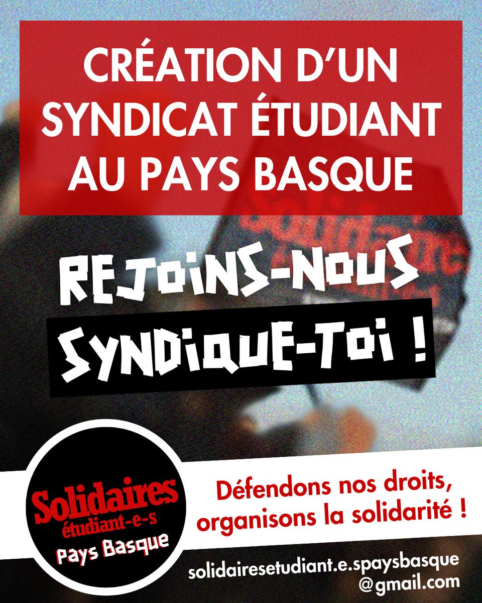 Union syndicale Solidaires 64 (@solidaires64) on Twitter photo ❗ Un syndicat Solidaires étudiant·e·s est en création au Pays Basque, rejoignez-les !
Leur mail :
solidairesetudiant.e.spaysbasque@gmail.com
Leur compte Instagram :
instagram.com/solidaires_etu…
Leur formulaire pour se syndiquer :
docs.google.com/forms/d/e/1FAI… ❗ Un syndicat Solidaires étudiant·e·s est en création au Pays Basque, rejoignez-les !
Leur mail :
solidairesetudiant.e.spaysbasque@gmail.com
Leur compte Instagram :
instagram.com/solidaires_etu…
Leur formulaire pour se syndiquer :
docs.google.com/forms/d/e/1FAI…