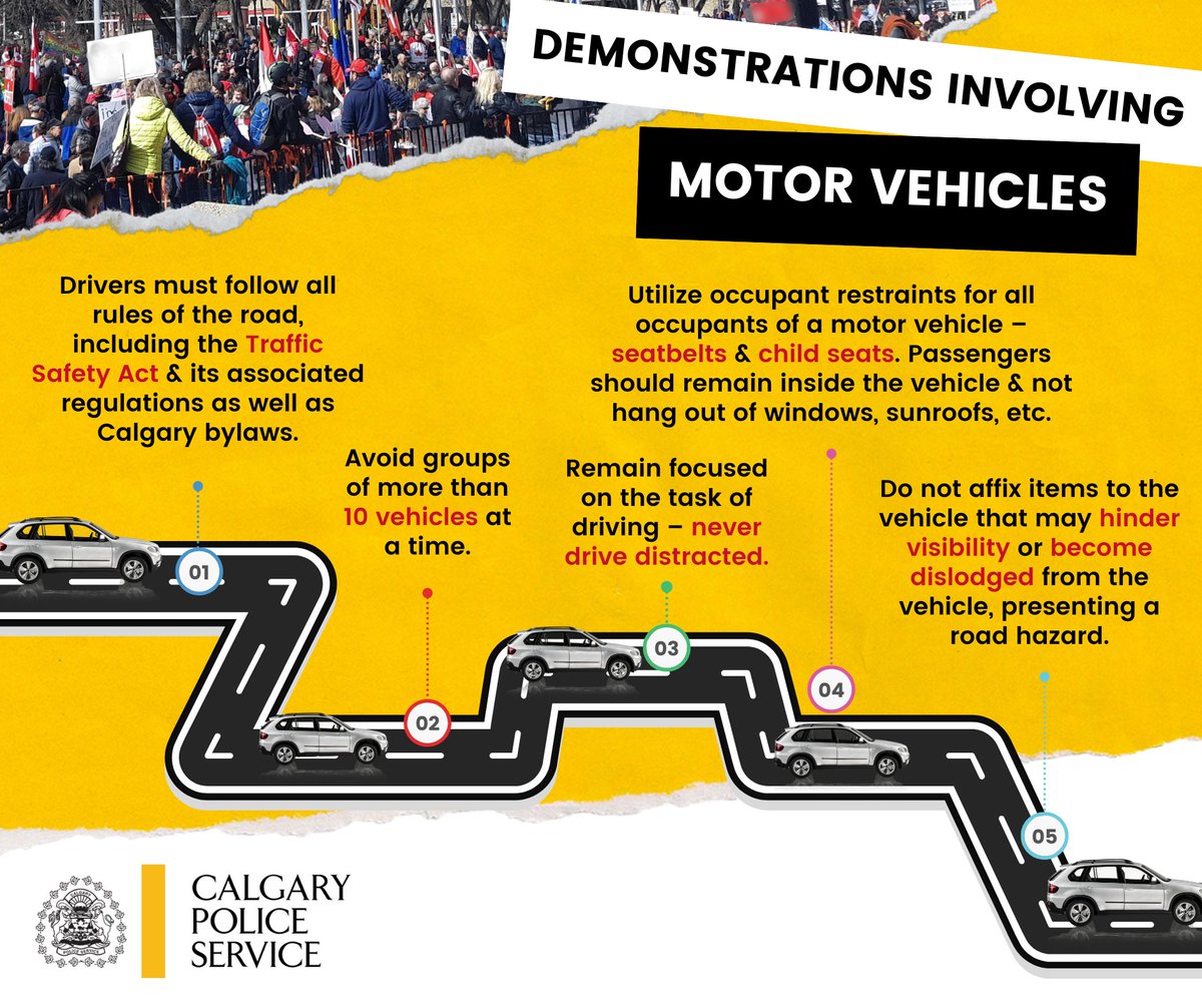 🚗 Demonstrations involving motor vehicles 🚗

We anticipate several demonstrations in &amp; around Calgary over the next several days. We are committed to ensuring that everyone can exercise their right to peaceful assembly safely &amp; lawfully. 

Vehicle-focused events carry the