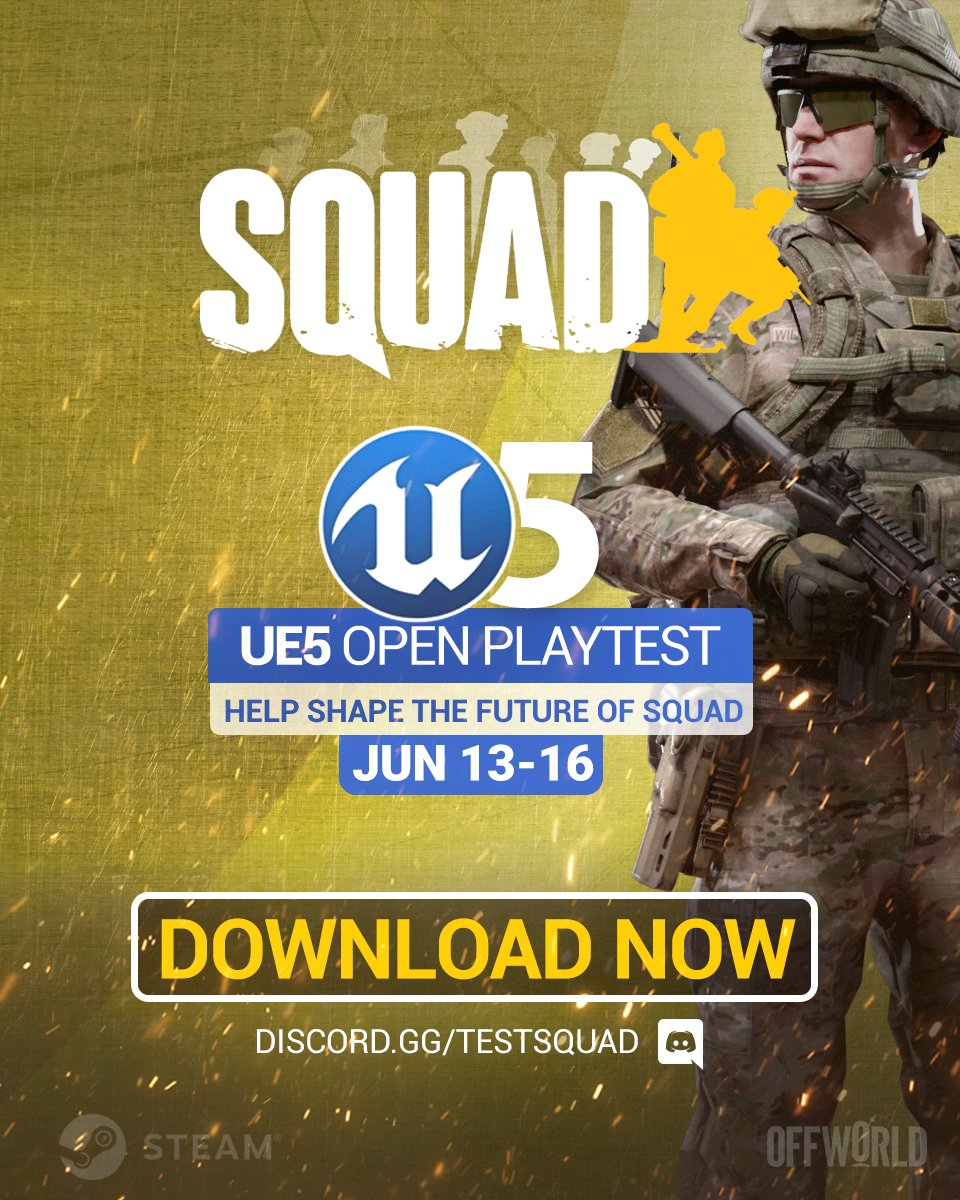 UE5 Playtest 🖐️ LIVE NOW!
 
🗓️ June 13-16 
📥 Download the Playtesting App on Steam
📡 Join the Testing Discord for full details: discord.gg/testsquad

Let's go! #JoinSquad
