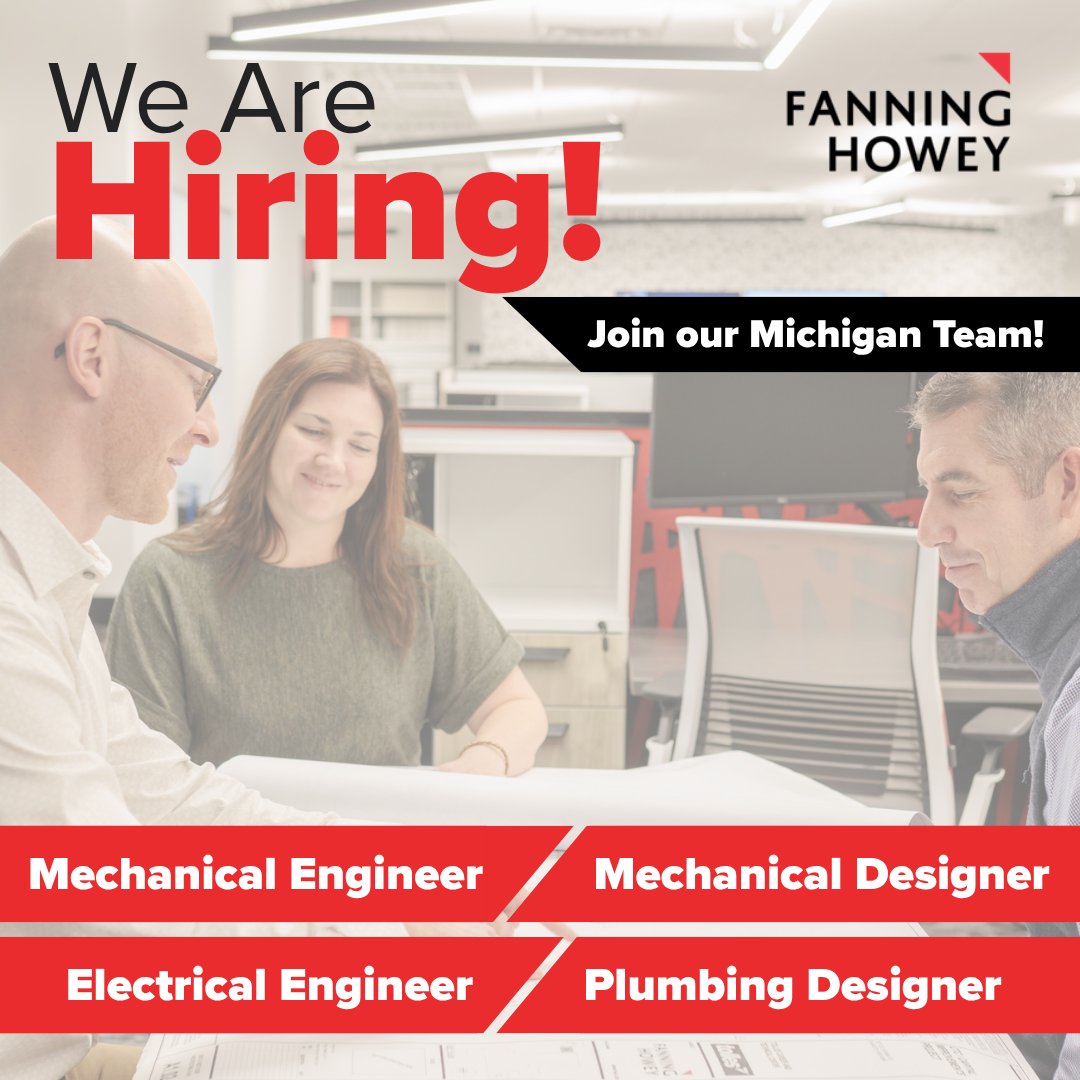 🚨 We're Hiring in Michigan! 🚨

Fanning Howey is looking for passionate professionals to join our innovative team. We’re currently hiring for:

🔹 Mechanical Engineer
🔹 Mechanical Designer
🔹 Electrical Engineer
🔹 Plumbing Designer

Apply today! 👉 fhai.com/careers/